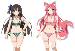 2girls animal_ears armlet bikini bracelet breasts ceri_(sakura_dungeon) clenched_hand fox_ears fox_girl fox_tail game_cg jewelry legs long_hair multiple_girls navel necklace ribbon sakura_dungeon shiny_skin swimsuit tail yomi_(sakura_dungeon)