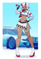 1girl :d absurdres black_gloves blue_background blue_hair blush breasts car dark-skinned_female dark_skin demon_horns doce fang female_focus fingerless_gloves freckles full_body gloves half-closed_eyes hand_on_own_hip highres horns indie_virtual_youtuber jacket looking_at_viewer midriff motor_vehicle multicolored_hair navel open_clothes open_jacket open_mouth panties panty_straps pointy_ears red_eyes red_panties shirt shoes short_hair skin_fang skirt smile solo sunglasses thigh_strap tinted_eyewear two-tone_hair underboob underwear unworn_eyewear white_hair white_jacket white_shirt white_shoes white_skirt zoiteki