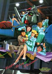 1990s_(style) 1boy anime_v black_hair blonde_hair bottle bucket cable commentary cup drunk earth_federation english_commentary english_text engrish_text formal_clothes gundam gundam_0083 gundam_gp-01_zephyranthes hangar hat highres holding holding_cup kawamoto_toshihiro kou_uraki magazine_scan mecha military military_uniform mobile_suit multiple_girls necktie nina_purpleton official_art pantyhose party party_hat promotional_art ranguage retro_artstyle robot scan science_fiction sheer_pantyhose skirt suit v-fin wine_bottle