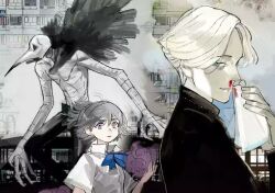 1girl 2boys alternate_form black_pants black_shirt blonde_hair blood blue_eyes choujin_x city ichiiro_sato_(choujin_x) ishida_sui kurohara_tokio_(choujin_x) light_smile looking_at_viewer multiple_boys nosebleed official_art otta_ely_(choujin_x) pants purple_eyes school_uniform shirt smoke transformation urban