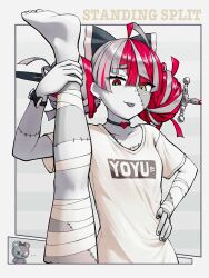 1girl ahoge black_nails bow colored_skin double_bun grey_skin hair_bow hair_bun hand_on_own_hip heterochromia highres holding_own_leg hololive hololive_indonesia kureiji_ollie mismatched_pupils red_hair sanwanton severed_leg severed_limb shirt stitches sword tongue tongue_out udin_(kureiji_ollie) virtual_youtuber weapon white_shirt zombie