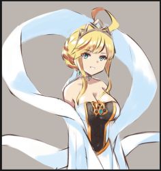 blonde_hair braid breasts diadem dragalia_lost dress long_hair scarf tiara white_dress white_scarf yona_(illusty0na) zethia