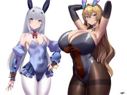 2girls animal_ears armpits arms_behind_head arms_up bare_shoulders barghest_(fate) black_leotard blonde_hair blue_leotard blush bow bowtie breasts brown_eyes brown_pantyhose cleavage commentary_request covered_navel detached_collar detached_sleeves fake_animal_ears fate/grand_order fate_(series) frills green_eyes grey_hair heterochromia highleg highleg_leotard highres huge_breasts kurozawa_yui leotard long_hair looking_at_viewer melusine_(fate) multiple_girls nail_polish pantyhose playboy_bunny rabbit_ears red_eyes sidelocks small_breasts thighband_pantyhose thighs very_long_hair white_pantyhose wrist_cuffs