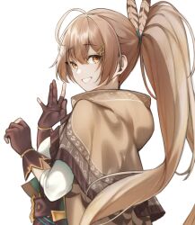 Rule 34 | 1girl, ahoge, belt, brown capelet, brown cloak, brown corset, brown eyes, brown hair, cape, capelet, cloak, corset, feather hair ornament, feathers, from side, gloves, grin, hair ornament, hairclip, hieroglyphics, highres, hololive, hololive english, hood, hooded cloak, kureo, long hair, looking at viewer, multicolored hair, nanashi mumei, nanashi mumei (1st costume), partially fingerless gloves, ponytail, smile, streaked hair, turning head, very long hair, virtual youtuber, waving