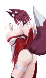 1girl absurdres animal_ears ass bare_shoulders breasts choker cigarette clothes_lift cross-shaped_pupils fox_ears fox_girl grin hair_over_one_eye hakama hakama_skirt highres japanese_clothes kimono large_breasts long_sleeves looking_at_viewer off_shoulder original purple_eyes purple_hair red_hakama s4ika short_hair skirt smile solo symbol-shaped_pupils white_kimono wide_sleeves