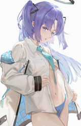 Rule 34 | 1girl, absurdres, aqua necktie, blue archive, blue eyes, blue hair, blue panties, bra, breasts, commentary request, cowboy shot, dress shirt, halo, highres, long hair, long sleeves, looking at viewer, mechanical halo, necktie, no bra, open mouth, panties, shirt, simple background, small breasts, sokiu (dongxiasokiu), solo, underboob, underwear, undressing, unworn bra, white background, white shirt, yuuka (blue archive)
