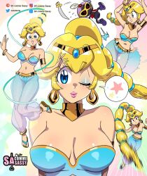 1girl blonde_hair blue_eyes bra bracelet breasts earrings hay highres jewelry large_breasts lips mario_(series) multi-tied_hair nintendo pants princess_peach sasa_tseng see-through_clothes see-through_pants sword underwear weapon