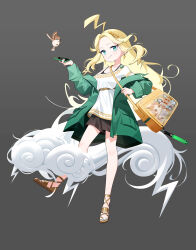 1girl absurdres ahoge animal bag bird black_skirt blonde_hair blue_eyes cloud full_body genderswap genderswap_(mtf) greek_mythology green_jacket grey_background highres holding holding_phone jacket laurels lightning_ahoge long_hair looking_at_viewer miniskirt nasan_(coldtime) off-shoulder_shirt off_shoulder original phone shirt shoulder_bag simple_background skirt solo white_shirt zeus_(mythology)