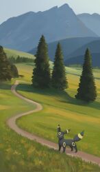 Rule 34 | black fur, blue sky, day, gen 2 pokemon, grass, highres, looking at viewer, mountainous horizon, nintendo, no humans, outdoors, path, pokemon, pokemon (creature), road, sky, solo, spacecrow63, tree, two-tone fur, umbreon, yellow fur