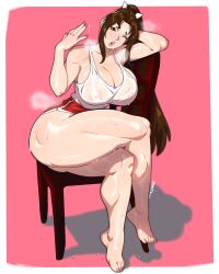 1girl barefoot breasts crossed_legs fatal_fury highres huge_breasts jtt_artz large_breasts shiranui_mai shirt shorts snk sweat the_king_of_fighters thick_thighs thighs wet wet_clothes wet_shirt