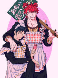2boys alternate_costume alternate_hairstyle apron arm_on_another&#039;s_shoulder black_dress black_hair black_jacket black_nails black_pants bracelet clenched_teeth closed_mouth collarbone collared_shirt commentary_request crossdressing crossed_legs dress earrings enmaided eustass_kid facial_hair fangs finger_tattoo fingernails flower_hairpin frilled_apron frills gingham gingham_apron goatee gold_bracelet gold_earrings hair_tie highres holding holding_sign holding_ticket jacket jewelry long_sleeves looking_at_viewer maid maid_headdress male_focus multiple_boys nail_polish name_tag one_piece pants pectoral_cleavage pectorals placard red_eyes red_hair red_lips shirt short_hair sideburns sign sitting standing tattoo teeth ticket trafalgar_law two_side_up v-shaped_eyebrows veins white_apron white_background yakumo_(ykm) yellow_eyes yellow_shirt