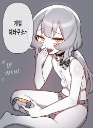 Rule 34 | 1boy, bad id, bad pixiv id, bare arms, bow, controller, fang, game controller, gamepad, grey background, greyscale, hair bow, highres, holding, holding controller, holding game controller, ikr (artist), korean text, long hair, looking at viewer, male focus, monochrome, open mouth, osugaki, shirt, shorts, simple background, sitting, sleeveless, sleeveless shirt, solo, speech bubble, spot color, tongkkangi, tongkkangi (streamer), translated, trap, virtual youtuber, yellow eyes