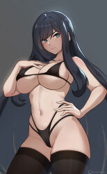 1girl artist_name bare_shoulders bikini black_bikini black_hair black_thighhighs blue_eyes blush breasts cleavage highleg highleg_bikini highres hioyami large_breasts long_hair looking_at_viewer mole mole_under_eye navel patreon_logo patreon_username raven_(stellar_blade) solo stellar_blade swimsuit thighhighs thighs