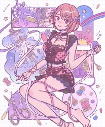 1girl anklet bare_arms barefoot bow bracelet breasts butterfly_hair_ornament buttons choker cleavage commentary_request commission feet foot_out_of_frame frilled_skirt frills grid_background hair_ornament halftone highres jewelry kohaku_ame lingerie looking_at_viewer medium_breasts medium_hair midriff nail_polish needle original pink_eyes pink_nails rainbow safety_pin scissors sewing sewing_machine skeb_commission skirt sleeveless smile solo spool star_(symbol) tape_measure twitter_username underwear yarn yarn_ball