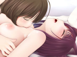2girls ahoge animal_ears arm_at_side bare_shoulders bed blunt_bangs blush breasts brown_hair cat_ears chest_kiss closed_eyes commentary_request couple female_focus girl_on_top hug kiss kozue_akari large_breasts lying moaning multiple_girls nipples nude nuzzle on_back on_bed open_mouth original pillow purple_hair saliva short_hair upper_body yuri