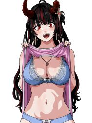 absurdres asymmetrical_horns black_hair black_nails blue_bra blue_panties bluejump bra breasts broken_horn broken_horns chain clothes_lift cross cross_earrings demon_horns earrings fangs frilled_bra frills highres horns jegal_geumja jewelry large_breasts long_hair mannerheim0426 multicolored_hair nail_polish necklace open_mouth panties pink_shirt red_eyes red_hair red_horns shirt shirt_lift simple_background slit_pupils smile underwear upper_body white_background