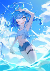 1girl absurdres bikini_under_shorts blue_eyes braid cloud commentary denim denim_shorts ear_piercing flat_chest highres hololive hololive_dev_is innertube light_blush medium_hair mizumiya_su one_eye_closed open_fly open_mouth outdoors piercing short_shorts shorts solo swim_ring syuerito_99 twin_braids virtual_youtuber water