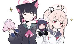 2girls ahoge animal_ear_fluff animal_ears black_hair black_jacket blue_archive bright_pupils cardigan cat_ears character_doll closed_eyes closed_mouth colored_inner_hair doll extra_ears halo highres holding holding_doll jacket kazusa_(blue_archive) long_hair long_sleeves looking_at_viewer multicolored_hair multiple_girls natsu_(blue_archive) parted_lips pink_hair pink_halo red_eyes remise short_hair side_ponytail simple_background smile white_background white_cardigan white_pupils