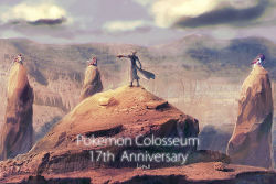 1boy blurry boots cloud coat commentary copyright_name day entei gen_2_pokemon gloves grey_hair legendary_pokemon long_sleeves lopuii male_focus nintendo outdoors outstretched_arm pokemon pokemon_(creature) pokemon_colosseum raikou rock short_hair signature sky spiked_hair standing suicune visor wes_(pokemon)