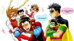 3boys anisuki_(briliant-19) bart_allen black_hair brown_hair cape crossed_arms dc_comics doll domino_mask dual_persona english_text engrish_text goggles image_sample impulse kon-el male_focus mask multiple_boys muscular pixiv_sample ranguage resized robin_(dc) s_shield superboy tim_drake young_justice