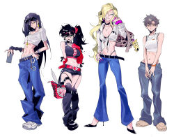 4girls artist_request belt denim jeans midriff multiple_girls navel pants shoes sneakers tagme underwear