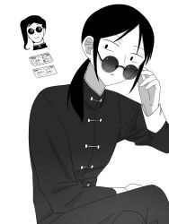 1boy 1girl banknote chinese_clothes closed_mouth commentary cosplay crossed_legs futsuu_no_keion-bu glasses greyscale head_only highres long_sleeves looking_over_eyewear mandarin_collar money monochrome parted_lips ponytail portrait round_eyewear shainko sitting sunglasses tangzhuang update_horii update_horii_(cosplay) yaga_midori