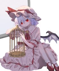 Rule 34 | 1girl, :/, absurdres, against railing, ascot, bat wings, birdcage, bobby socks, cage, closed mouth, collared dress, dress, frilled dress, frilled hat, frills, hair between eyes, hair ribbon, hand up, hat, hat ribbon, highres, long dress, misoice ramen, pink dress, pink hair, puffy short sleeves, puffy sleeves, purple hair, railing, red ascot, red eyes, red ribbon, red sash, remilia scarlet, ribbon, sash, short hair, short sleeves, simple background, sitting, sleeve ribbon, socks, solo, touhou, twitter username, wavy hair, white background, white socks, wings