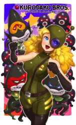 1girl 3boys 6+others alien antennae artist_name belt black_belt black_gloves black_skin black_thighhighs blonde_hair blue_eyes bodysuit border breasts cape colored_skin copyright_name fangs fluffy_hair gloves green_bodysuit green_cape hands_up hashtag-only_commentary helmet highres kainan long_hair looking_at_viewer medal medium_breasts multiple_boys multiple_others narrow_waist open_mouth outside_border pointy_ears single_suspender skin_tight skindentation sleeveless sleeveless_bodysuit smile standing star_(symbol) suspenders takokichi_(muteking) takomaro takomi_(muteking) takosaku thighhighs tondemo_senshi_muteking white_border wide_hips