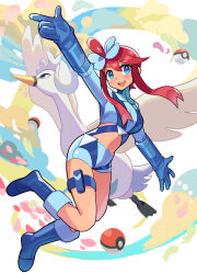 1girl beak bird blue_eyes blush boots breasts crop_top gen_5_pokemon gloves large_breasts long_hair long_sleeves nintendo poke_ball pokemon pokemon_bw red_hair shorts skyla_(pokemon) spyg swanna teeth upper_teeth_only wings