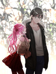 1boy 1girl absurdres arm_hug bare_shoulders black_hair commission couple dead_apostle_noel_(tsukihime) glasses hetero highres jacket long_hair looking_at_another noel_(tsukihime) open_clothes open_jacket pantyhose pink_hair red_pantyhose red_skirt skeb_commission skirt smile snowing tohno_shiki tsukihime tsukihime_(remake) tsukinowa_kousuke twintails