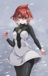 1girl absurdres breasts evil_smile highres huge_filesize looking_at_viewer mars_(pokemon) nintendo pokemon pokemon_dppt red_eyes red_hair short_hair smile snow snowing solo standing team_galactic team_galactic_uniform thighs tsukishiro_saika variant_set