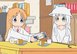 2girls absurdres blonde_hair blue_eyes blunt_bangs blush book bookshelf cake chinese_commentary closed_mouth coat commentary_request crossover cup food grey_eyes hat helmet heterochromia highres indoors lab_coat long_hair looking_at_viewer milk milk_carton mug multiple_girls mushroomsucy nichijou pith_helmet plate professor_shinonome scissors shimeji_simulation shirt smile swiss_roll table tearing_up the_gardener_(shimeji_simulation) upper_body wavy_mouth white_coat white_hair white_hat white_shirt