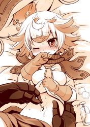 1boy 1girl blush bondrewd clothes_lift cotton_swab covering_own_mouth creature gloves hand_up lifting_own_clothes looking_at_another lotion lying made_in_abyss meinya_(made_in_abyss) midriff monochrome navel navel_cleaning navel_insertion necktie on_back on_bed on_stomach one_eye_closed out_of_frame prushka sakurazawa_izumi shirt_lift short_hair sweat tears wavy_mouth