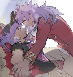2boys :q absurdres baseball_cap blush buttons cape champion_uniform commentary_request dark-skinned_male dark_skin eye_contact facial_hair fur-trimmed_cape fur_trim hat highres holding_hands leon_(pokemon) long_hair looking_at_another male_focus multiple_boys nintendo pants parted_lips pokemon pokemon_swsh purple_hair red_cape selfcest shirt short_sleeves sweatdrop tailcoat tongue tongue_out twitter_username unworn_cape yaoi yellow_eyes youchengyan