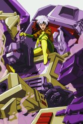 1girl black_headband bodysuit boots brown_jacket crossover decepticon devastator_(transformers) gloves grey_background headband holding_detached_head jacket looking_at_viewer makoto_ono marvel mecha open_mouth red_hair red_lips robot rogue_(x-men) severed_head smile transformers transformers:_generation_1 v-shaped_eyebrows western_comics_(style) white_hair x-men x-men:_the_animated_series yellow_bodysuit yellow_boots yellow_gloves