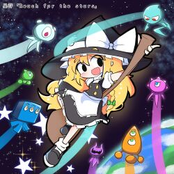 1girl apron black_dress black_eyes black_footwear black_headwear blonde_hair blush bow broom crossover dress earth_(planet) english_text hat hat_bow highres kirisame_marisa layered_dress long_hair one-eyed open_mouth planet sega shoes short_sleeves smile sneakers sonic_(series) sonic_colors space sparkle star_(sky) star_(symbol) third_eye touhou whisket white_sleeves wisp wisp_(sonic) witch witch_hat