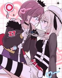 2girls absurdres black_jacket black_shirt black_skirt blue_eyes blush closed_mouth collar commentary girls_band_cry grey_eyes grey_hair hamchan69 hat heart highres iseri_nina jacket jewelry kawaragi_momoka key key_necklace lock_necklace long_hair long_sleeves multiple_girls necklace red_collar red_hair shirt short_twintails skirt striped_clothes striped_thighhighs thighhighs twintails white_hat yuri