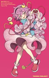 1girl :d @_@ black_hairband blue_shirt blush commentary copyright_name eyeball floral_print frilled_sleeves frills full_body hair_between_eyes hair_ornament hairband heart heart_hair_ornament heart_hands highres komeiji_satori long_sleeves looking_at_viewer morino_hon open_mouth pink_background pink_hair pink_skirt red_eyes red_slippers rose_print shirt short_hair signature simple_background skirt slippers smile socks solo spoken_blush symbol-only_commentary third_eye touhou watermark white_socks wide_sleeves