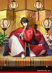 1boy black_hair black_hat blurry bonsai cherry_blossoms copyright_notice depth_of_field falling_petals floral_print flower folding_screen food fruit full_body hair_between_eyes hat head_tilt headphones headphones_around_neck holding holding_scepter indoors iwato1712 japanese_clothes knee_up lamp lantern lemon looking_at_viewer male_focus musical_note musical_note_print nijisanji official_art pants patterned_clothing petals pink_flower plant potted_plant red_eyes red_robe robe sample_watermark scepter short_hair sitting smile socks sokutai solo tabi tatami tate_eboshi unworn_hat unworn_headwear virtual_youtuber watermark white_flower white_pants white_socks wide_sleeves yumeoi_kakeru
