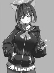 1girl animal_ears blue_archive blush can cat_ears choker closed_mouth cowboy_shot drink_can extra_ears greyscale hair_ornament hairclip halo highres holding holding_can hood hood_down hooded_jacket jacket kazusa_(blue_archive) long_sleeves looking_at_viewer monochrome pantyhose rainyghostdance_(migumo) short_hair simple_background skirt smile solo