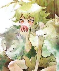 1boy against_tree antenna_hair apple arm_between_legs bare_shoulders child collarbone commentary danganronpa_(series) danganronpa_v3:_killing_harmony dirty dirty_clothes dirty_face eating food food_bite fruit gokuhara_gonta green_hair holding holding_food holding_fruit long_hair male_focus messy_hair miaivz red_eyes shorts sitting tank_top torn_clothes tree white_tank_top wolf