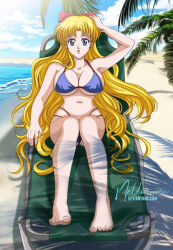 1girl aino_minako arm_up armpits artist_name barefoot beach bikini bishoujo_senshi_sailor_moon blonde_hair blue_bikini blue_eyes breasts cleavage feet hair_ribbon hand_on_own_head highres large_breasts legs long_hair looking_at_viewer navel neldorwen ocean ribbon sideboob sitting solo swimsuit teeth thighs tongue water
