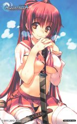 1girl amazuyu_tatsuki asymmetrical_sleeves between_breasts black_panties breasts brown_eyes brown_shoes company_name copyright_name copyright_notice holding holding_weapon interlocked_fingers kousaka_tamaki large_breasts loafers long_hair long_sleeves looking_at_viewer miniskirt navel non-web_source not_for_sale official_art own_hands_together panties photoshop_(medium) pleated_skirt red_hair red_skirt school_uniform shoes short_sleeves sitting skirt smile solo sweat to_heart_(series) to_heart_2 underboob underwear very_long_hair wariza weapon
