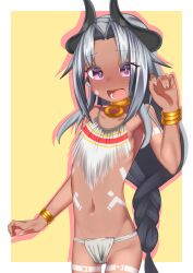 1girl absurdres bare_shoulders black_horns blush border braid choker commentary_request dark_skin embarrassed fundoshi gloggy grey_hair hair_intakes hand_up highres horns japanese_clothes kikyou_(gloggy) long_hair looking_down navel open_mouth original outside_border purple_eyes skinny slim_legs solo tattoo tribal tribal_tattoo very_long_hair white_border