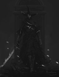 1other ambiguous_gender armor armored_boots artist_name black_armor bloodborne boots capelet commentary copyright_name extra_eyes facing_viewer fire flaming_sword flaming_weapon full_body gauntlets glowing glowing_eyes hat highres holding holding_sword holding_weapon keeper_of_the_old_lords looking_at_viewer petals solo standing statue sword teeth torn_clothes tripdancer weapon witch_hat