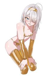 Rule 34 | 1girl, absurdres, ahoge, asymmetrical hair, bare shoulders, bikini, blue eyes, blush, breasts, cropped legs, earrings, eyepatch, gold bikini, gold nails, gold thighhighs, hairband, hands on own legs, highres, jewelry, long hair, lower teeth only, medical eyepatch, open mouth, original, simple background, skindentation, small breasts, solo, string bikini, swimsuit, teeth, tunamayo (dsasd751), white background, white hair, yellow hairband