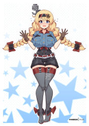 1girl armband black_shorts blonde_hair blue_armband blue_shirt blush braid breast_pocket breasts brown_gloves commission flight_deck full_body gloves grey_thighhighs headband huge_breasts kantai_collection large_breasts long_hair low_twin_braids nose_blush open_mouth original personification pocket rudder_footwear shirt short_shorts short_sleeves shorts solo standing thighhighs twin_braids uss_bismarck_sea_(cve-95) very_long_hair virus-g