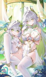 Rule 34 | 2girls, absurdres, ahoge, alternate costume, bare shoulders, blush, bracelet, breasts, bridal gauntlets, chinese commentary, cleavage, closed mouth, collarbone, commentary request, covered navel, crystalfly (genshin impact), dendro slime (genshin impact), dress, foot out of frame, genshin impact, gloves, gold trim, green eyes, green hair, hair between eyes, hair ornament, hand on another&#039;s thigh, highres, jewelry, jndfh, large breasts, leaf hair ornament, long hair, looking at viewer, multicolored hair, multiple girls, nahida (genshin impact), no shoes, parted lips, pointy ears, rukkhadevata (genshin impact), sitting, sleeveless, sleeveless dress, slime (genshin impact), small breasts, smile, symbol-shaped pupils, thighhighs, thighs, very long hair, white bridal gauntlets, white dress, white gloves, white hair, white thighhighs