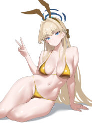 1girl animal_ears bikini blonde_hair blue_archive blue_eyes blue_halo breasts commentary_request fake_animal_ears gold_bikini halo highres long_hair looking_at_viewer mahou_kyuuri medium_breasts rabbit_ears simple_background sitting solo swimsuit toki_(blue_archive) toki_(bunny)_(blue_archive) v white_background