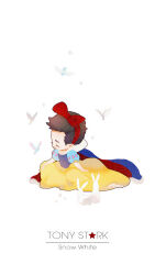 Rule 34 | 1boy, animal, animal ears, animification, bird, blue cape, blue dress, bow, bow hairband, brown hair, cape, character name, chibi, closed eyes, commentary, cosplay, crossdressing, dress, english commentary, facial hair, feathered wings, frills, full body, hair bow, hairband, iron man (series), male focus, marvel, marvel cinematic universe, mian lang, no mouth, puffy short sleeves, puffy sleeves, rabbit, rabbit ears, rabbit tail, red bow, red cape, red hairband, short hair, short sleeves, simple background, sitting, snow white (disney), snow white (disney) (cosplay), snow white and the seven dwarfs (disney), star (symbol), tail, tony stark, two-sided cape, two-sided fabric, two-tone dress, white background, wings, yellow dress